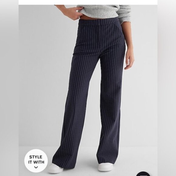 NWOT Express Navy Pinstripe Editor High Waisted Flare Trousers Pants 14L - Picture 1 of 8